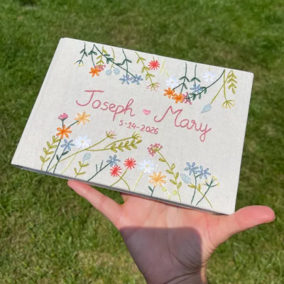 Custom Floral Hand Embroidered Wedding Guest Book Personalized Memory Book Gifts for Couple Unique Wedding Gift
