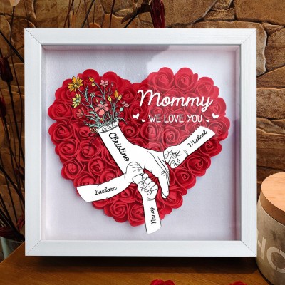 Personalized Mommy We Love You Holding Hands Heart Flower Shadow Box with Kids Names for Mom New Mom Gifts Mother's Day Gift