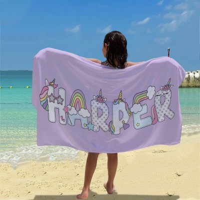 Personalized Unicorn Beach Towel with Name for Kids Summer Party Gift for Girls