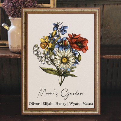 Personalized Mom's Garden Birth Flower Bouquet Frame with Kids Names Keppsake Gifts for Mom Grandma Christmas Gift
