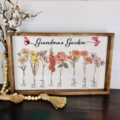 Personalized Grandma's Garden Birth Month Flowers Wooden Frame Love Gift For Mom Grandma Mother's Day Gift