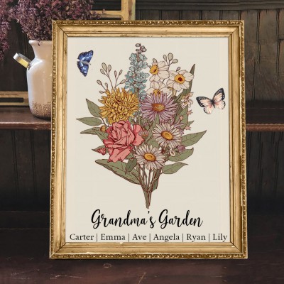Personalized Grandma's Garden Birth Flower Bouquet Frame Sign with Grandkids Names Christmas Gift for Mom Grandma