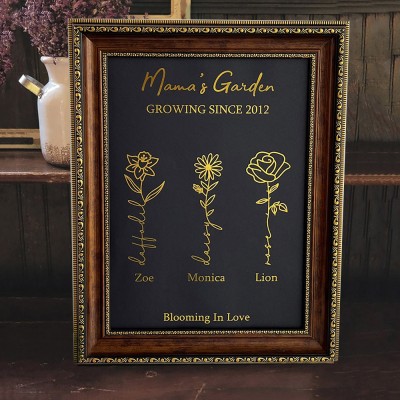 Mama's Garden Birth Month Flower Frame Sign with Kids Names Custom Gifts for Mom Grandma New Mom Gift Mother's Day Gift