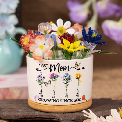 First Mom Now Grandma Custom Glass Birth Flower Pot With Kids Name For Mothers Day Gift Ideas