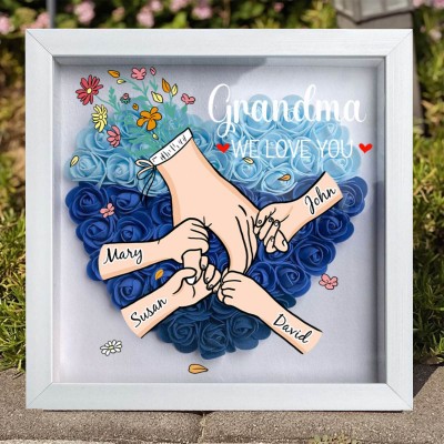Custom We Love You Grandma Holding Hands Flower Shadow Box with Grandkids Names Gifts for Grandma Mom Mother's Day Gift