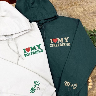 Custom Couple Embroidered I Love My Girlfriend Boyfriend Matching Hoodie Anniversary Gift Valentine's Day Gifts for Her Him