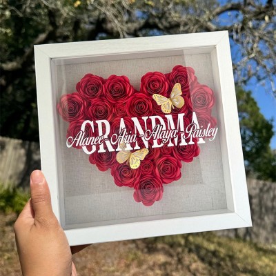 Custom Grandma Heart Shaped Flower Shadow Box with Grandkids Names Christmas Gift For Mom Grandma