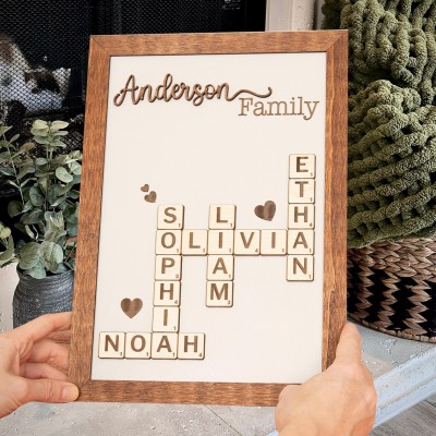 Wooden Family Name Crossword Scrabble Puzzle Sign Custom Family Keepsake Gifts Unique Gift for Mom Mother's Day Gift