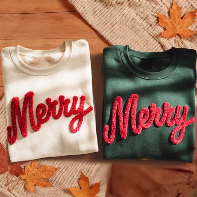 Merry Christmas Chenille Yarn Embroidered Sweatshirt Unique Christmas Gift Ideas