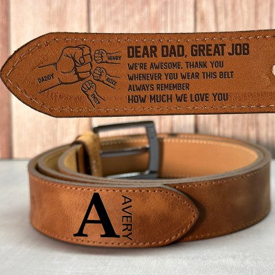 Personalized Engraved Leather Belt with Fist Bump for Father's Day Gift