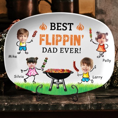 Personalized Best Flippin' Dad Ever BBQ Plate with Photo and Kids Name Fun Gifts for Dad Father's Day Gift