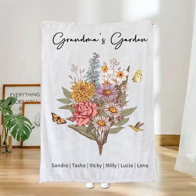 Personalized Grandma's Garden Family Blanket With Birth Flower Bouquet Gifts For Mom Grandma Mother's Day Gift Ideas