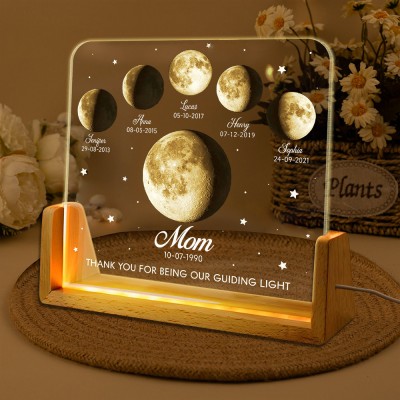 Mom Thank You For Being Our Guiding Light Custom Moon Phase Night Light with Kids Names Gifts for Mom Mother's Day Gift