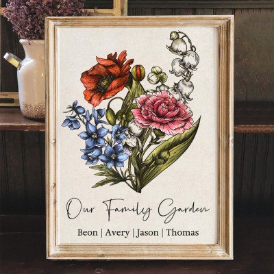 Personalized Our Family Garden Art Print Birth Month Bouquet Frame Unique Gifts for Mom Christmas Gift Ideas