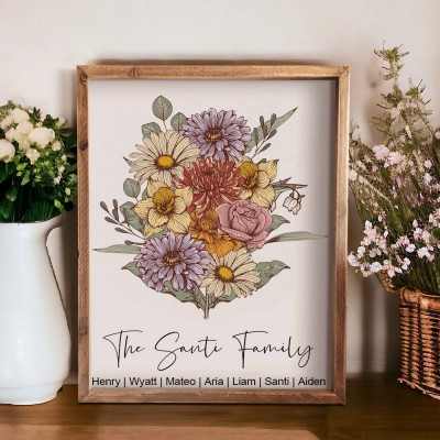 Custom Art Print Birth Month Bouquet Family Sign Wooden Frame With Kids Names Personalized Gift For Mom Grandma Mother's Day Gift