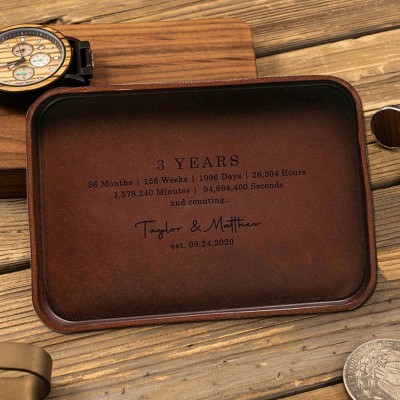 Personalized Engraved Leather Valet Tray 3 Years Anniversary Gift for Husband Boyfriend Christmas Gift for Him