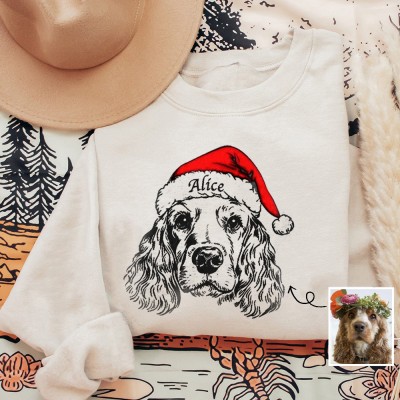 Custom Pet Portrait Christmas Sweatshirt with Santa Hat Gifts for Dog Owners Christmas Gift for Pet Lovers