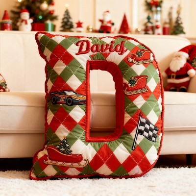 Personalized Christmas Plaid Racing Letter Pillow with Custom Name Racing Lover Gift Christmas Gift