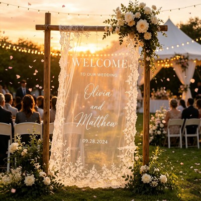 Custom Lace Wedding Welcome Sign Fabric Ceremony Reception Signage Personalized Modern Wedding Banner