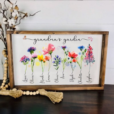 Engraved Wood Birth Flower Grandma's Garden Sign with Grandkids Name Personalized Mother's Day Gifts