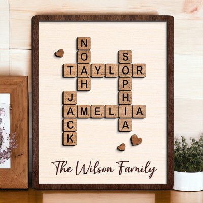 Personalized Crossword Scrabble Family Puzzle Wooden Sign with Kids Names Gifts for Mom Family Keepsake Gift Mother's Day Gift
