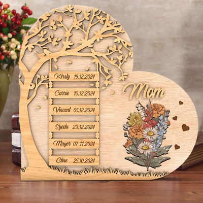 Personalized Birth Month Flower Family Bouquet Wood Plaque Sign with Kids Names for Mom Family Keepsake Gift Mother's Day Gift