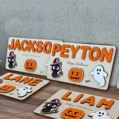 Personalized Baby Toddler Kid Halloween Wooden Name Puzzle Baby Shower Gift Halloween Gifts for Kids