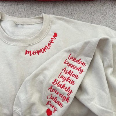 Mom Embroidered Sweatshirt with Kids Names on Sleeve New Mom Gift Custom Gifts for Mom Grandma Mother's Day Gift