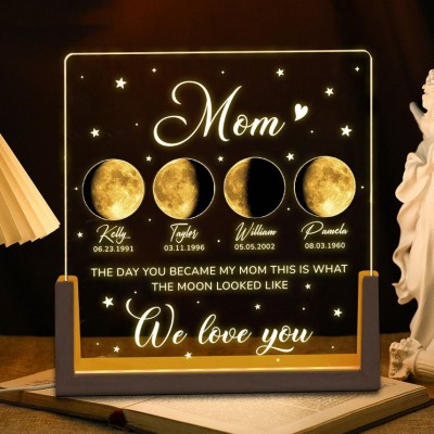 The Day You Became My Mom Personalized Mom Moon Phase Night Light By Date with Kids Names Gifts for Mom Mother's Day Gift