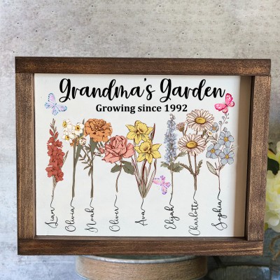 Custom Grandma's Garden Watercolor Birth Flowers Wooden Frame Grateful Gift For Grandma Mom Mother's Day Gift Ideas