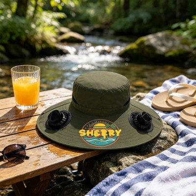 Personalized Solar Fan Hat for Men Wide Brim Fishing Cap for Golf, Gardening & Outdoor Activities Gift