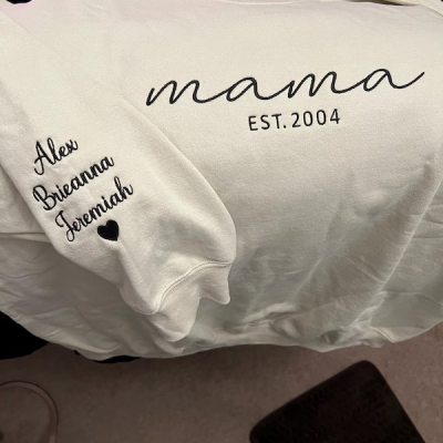 Mama Embroidered Sweatshirt with Kids Names on Sleeve Personalized Unique Gifts for Grandma Mom Mother's Day Gift Ideas