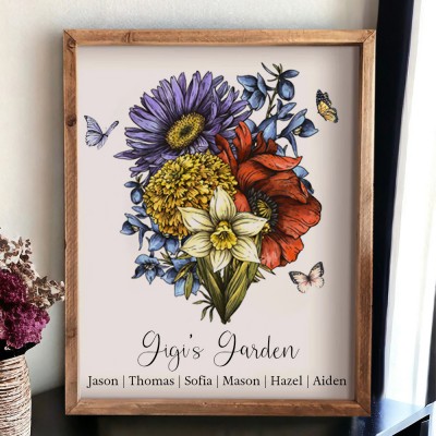 Custom Gigi's Garden Birth Month Flower Bouquet Frame Sign with Kids Names Christmas Gift for Grandma Mom