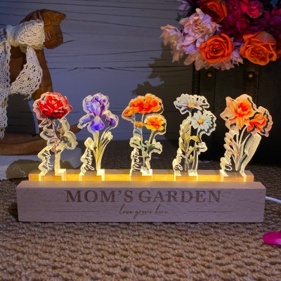 Personalized Mom's Garden Wooden Birth Flower Night Light Unique Family Gifts for Mom Grandma Mother's Day Gift