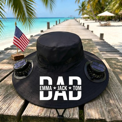 Personalized Dad Solar Fan Hat, Custom Embroidered Wide Brim Sun Protection Bucket Hat, Unique Gift for Him