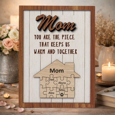 Mom You Are The Piece That Keeps Us Warm And Together Personalized Wood Puzzle Sign Gift for Mom Grandma Mother's Day Gifts