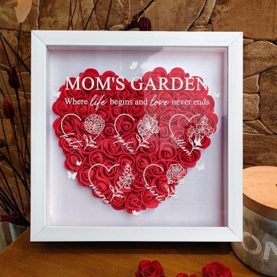 Custom Mom's Garden Birth Month Flower Shadow Box with Kids Names Gifts for Mom Grandma Mother's Day Gift