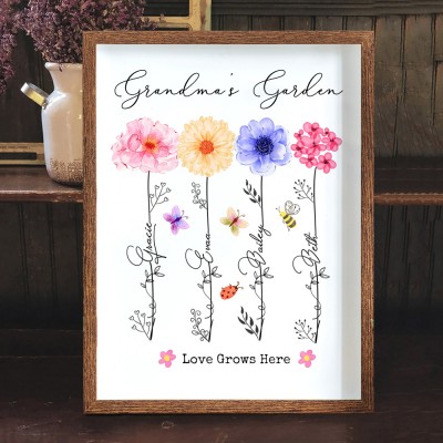 Customized Art Print Grandma's Garden Birth Flower Frame Names Sign Gift Ideas for Grandma Mom Mother's Day Gift