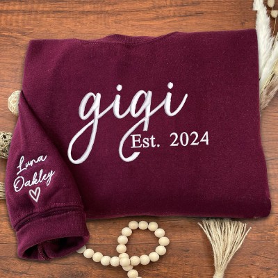 Custom Embroidered Gigi Sweatshirt with Kids Names on Sleeve Keepsake Gifts for Gigi New Mom Gift Mother's Day Gift Ideas