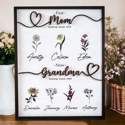 Personalized First Mom Now Grandma Birth Month Flower Frame Sign with Kids Names Gifts for Mom Grandma Mother's Day Gift