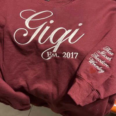 Embroidered Gigi Sweatshirt with Grandkids Names on Sleeve Custom Gifts for Gigi Mother's Day Gift Ideas