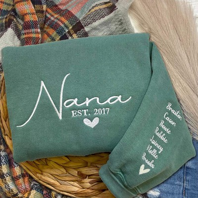 Custom Embroidered Nana Sweatshirt with Grandkids Names on Sleeve Gifts for Nana Mother's Day Gift Ideas