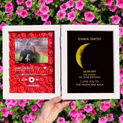 Custom Couple Portrait Flower Shadow Box with Moon Phase Calendar Gift Ideas for Couples Anniversary Gifts
