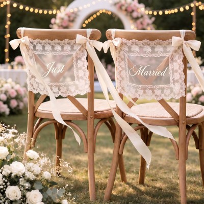 Personalized Lace Just Married Chair Sign for Bride & Groom Wedding Chair Decor Custom Wedding Chair Banners