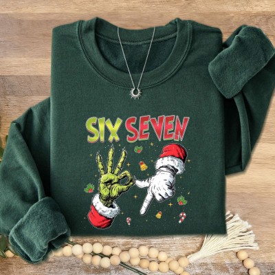 Funny Six Seven Meme Christmas Santa Hand Sign Sweatshirt Unique Christmas Gifts