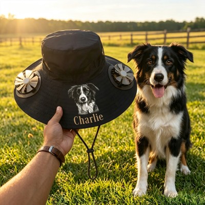 Personalized Men's Wide Brim Solar Fan Hat, Custom Dog Potrait Outdoor Fishing Sun Hat, Father's Day Gift, Dad Dog Gift