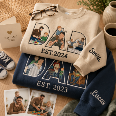 Custom Papa Embroidered Photo Portrait Sweatshirt with Kids Names on Sleeve Gifts for Dad Papa Father's Day Gift