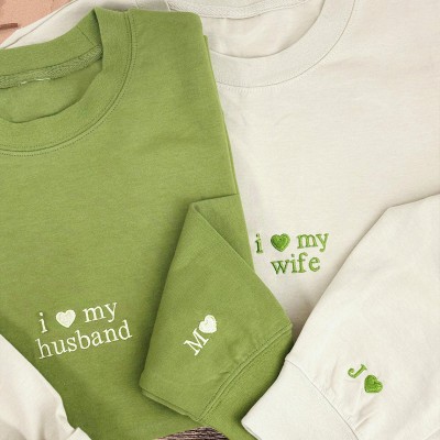 Custom Embroidered Couple Matching Sweatshirt with Initial On Sleeve 1st Anniversary Gift Valentine's Day Gifts for Wife Husband