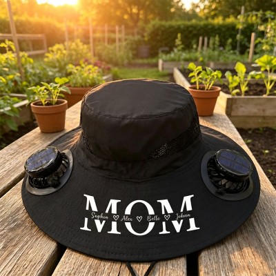 Custom Grandma Wide Brim Solar Fan Hat, Personalized Mom Sun Hat with Kids Names Garden's Gift, Mom's Gift