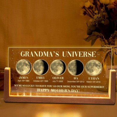Custom Grandma's Universe Moon Phase Night Light with Grandkids Names for Grandma Mom Gifts for Mother's Day